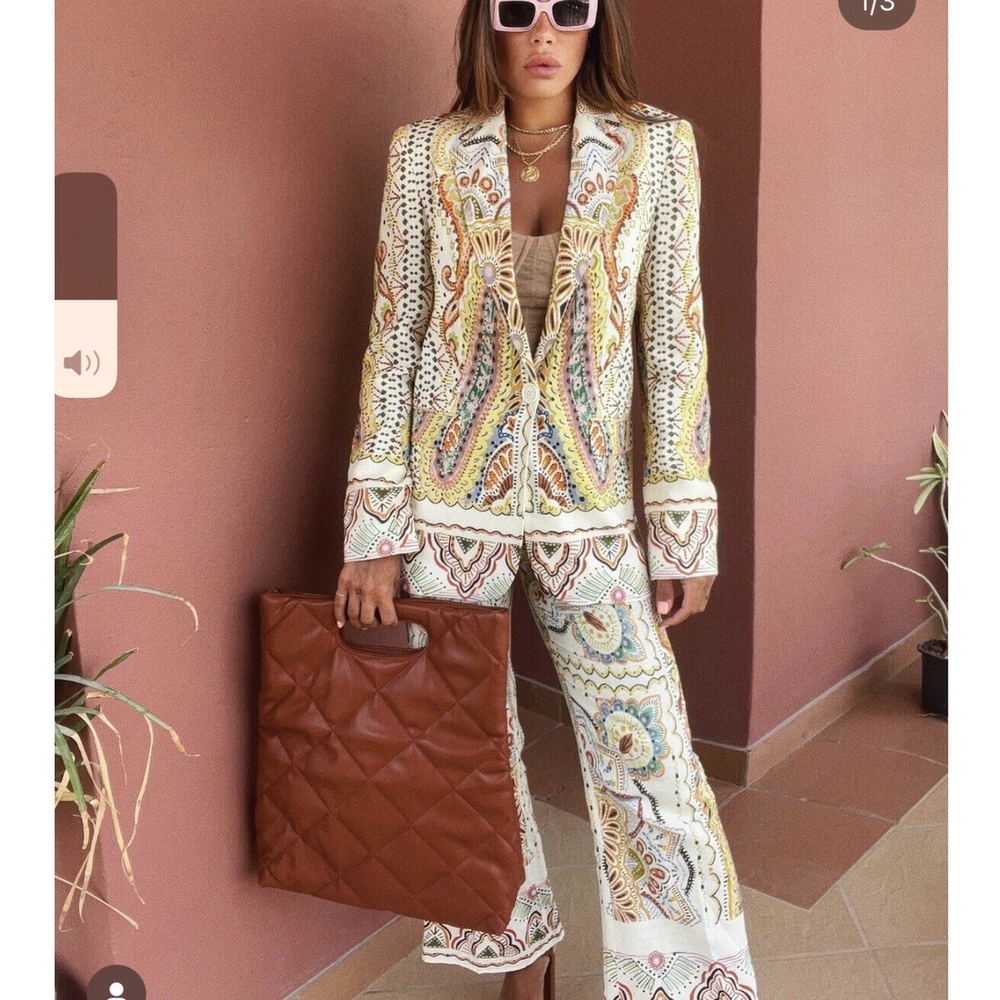 Zara FW22 Boho Print Flare Pants, Sz M